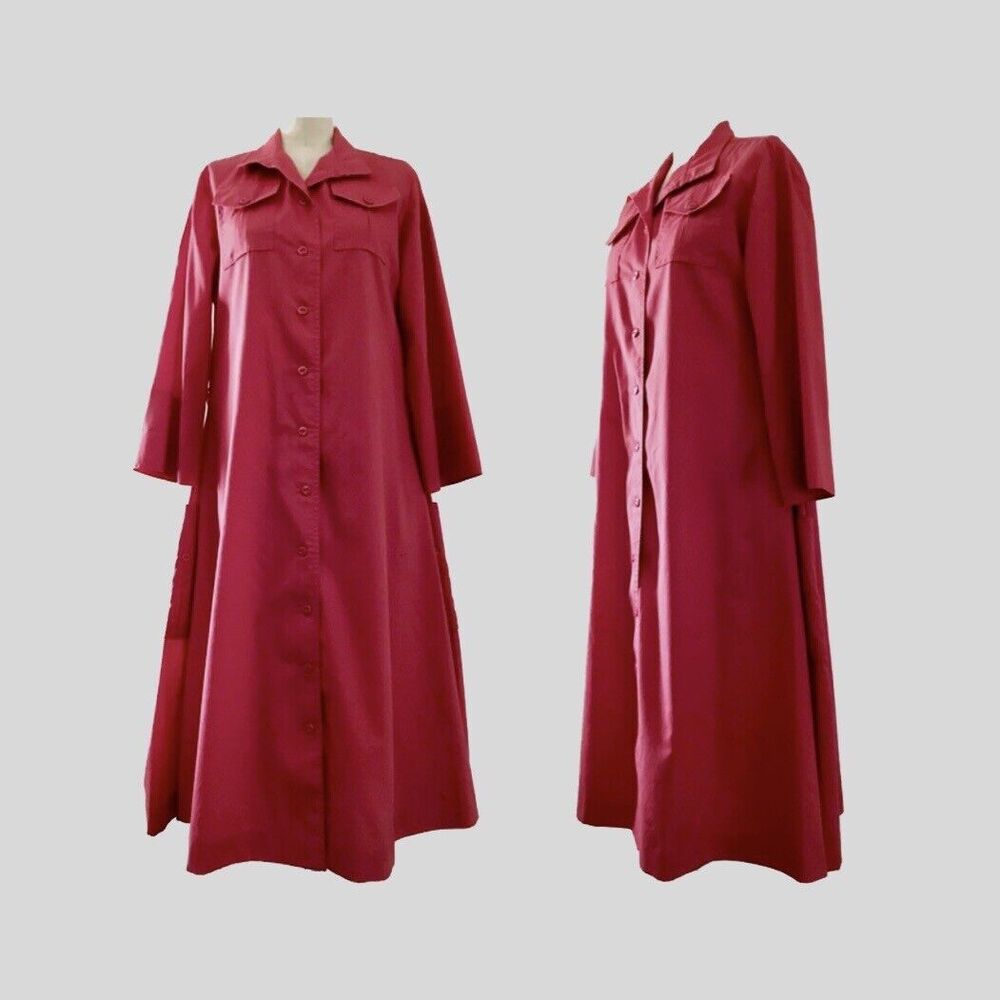 Vintage 1960s Red A Line Button Front 3/4 Sleeve Retro Midi Dress Womens M/L